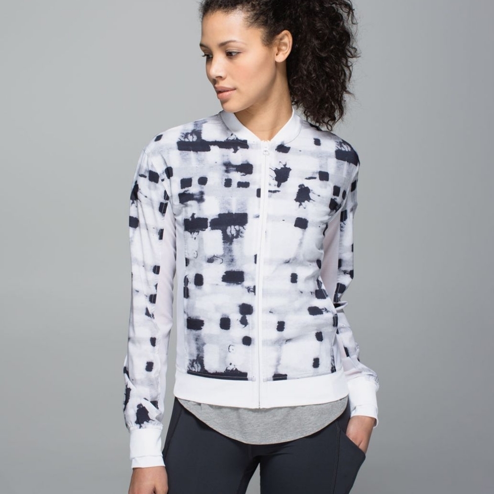 Lululemon White & Black Abstract Print Zip-Up Bomber Jacket